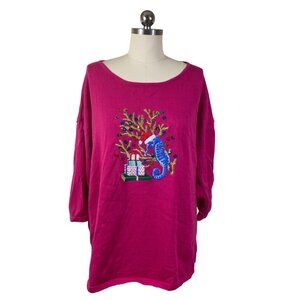 Heritage Charm Y2K  Top Womens 1X Pink Seahorse Christmas Tree Coastal Grandma